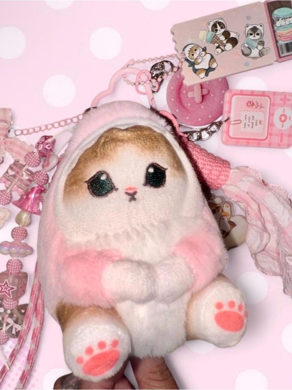 Handmade Shark Mofusand Plush Keychain - Pink and White Adorable Kitty
